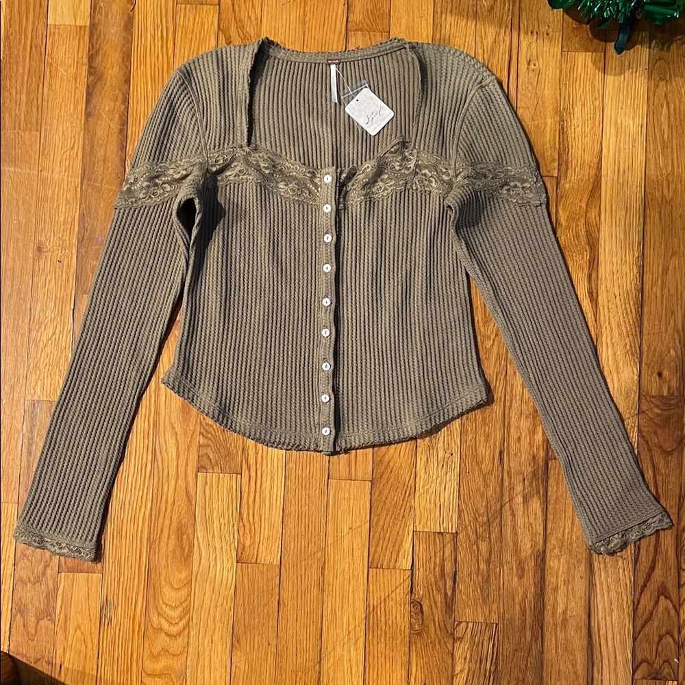 Free People Olive Button-Up Lace Trim Top